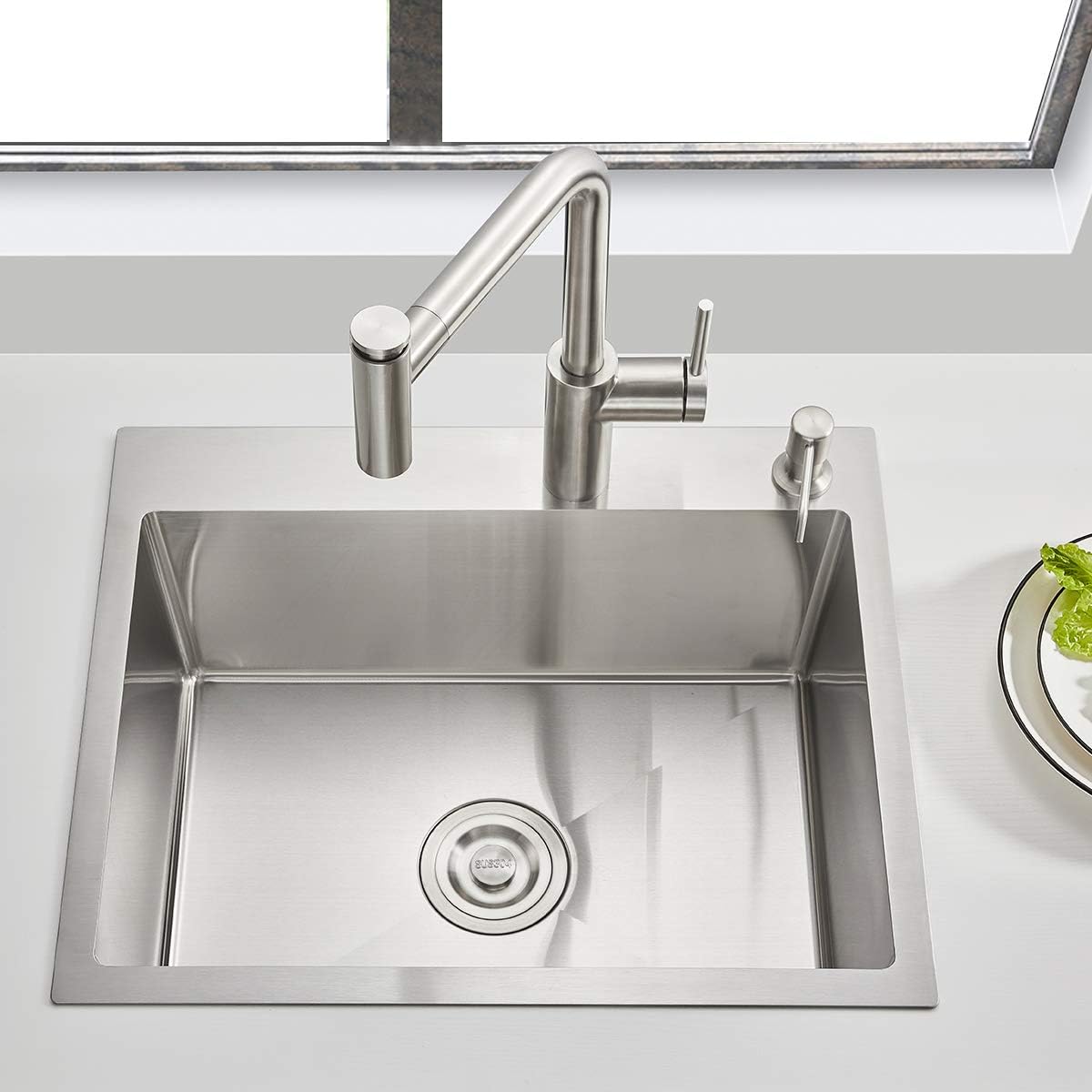 21.6x17.7 inch Drop in Kitchen Sink, Handmade 304 Stainless Steel Sink with 2 Holes, 8.6" Deep Single Bowl, R10 Tight Radius, Topmount Kitchen Sink with Basket Strainer Drain, Brushed