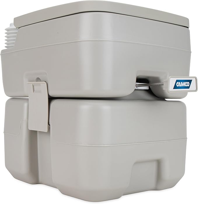 Camco 5.3-Gallon Portable Toilet - Features Detachable Holding Tank w/Sealing Slide Valve & Bellow-Type Flush - Easy Transport w/Compact Lightweight Design & Carry Handle - Gray (41541)