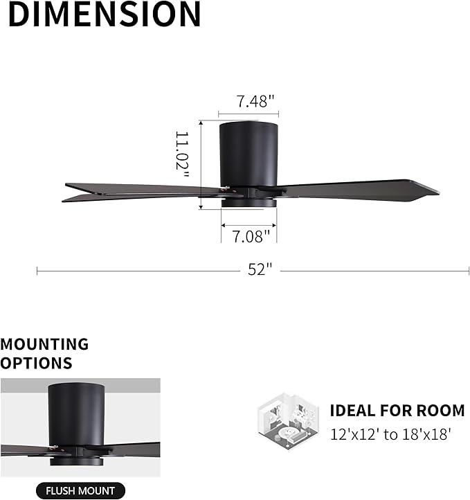 WINGBO 52" DC Flush Mount Ceiling Fan with Lights, 6-Speed Reversible DC Motor, 3CCT, Low Profile Hugger Ceiling Fan for Living Room Bedroom Kitchen, Black Finish and Black/Walnut Blades