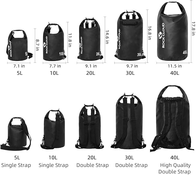 ROCK CLOUD Dry Bag Waterproof 10L Dry Sack for Kayaking Rafting Boating Beach Surfing Swimming Canoe Camping Hiking Fishing Ski, Black
