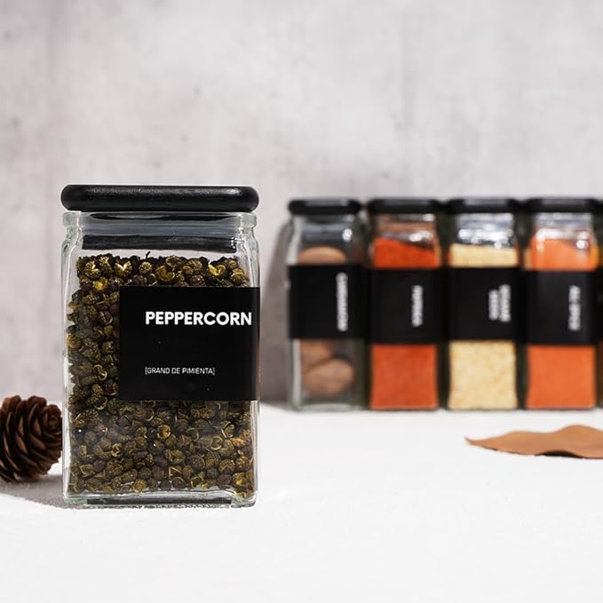 Glass Square Spice Jars with Labels, 4oz Glass Jars with Bamboo Lids, Spice Bottles, Seasoning Organizer, 12 Pack (Black)