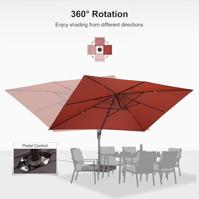 PURPLE LEAF 10' X 13' Patio Cantilever Umbrella Rectangle Umbrella Outdoor with Aluminum Offset Hanging and 360° Rotation for Pool Garden Deck Patio, Brick Red