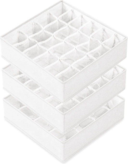 Criusia 3 Pack Sock Underwear Drawer Organizer Dividers, 64 Cell Fabric Foldable Cabinet Closet Organizers and Storage Boxes for Storing Socks, Panties, Ties (16+24+24 Cell, White)