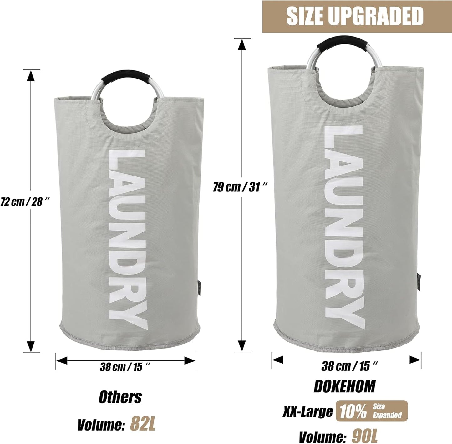 DOKEHOM 90L Large Laundry Basket, Collapsible Laundry Bag, Freestanding Tall Clothes Hamper, Foldable Washing Bin (Grey)