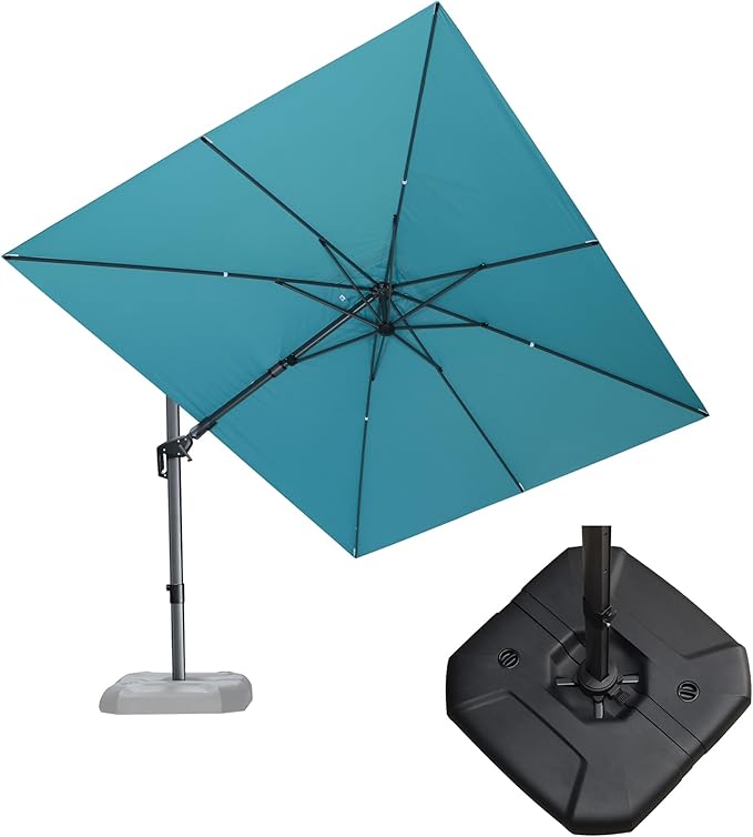 PURPLE LEAF 9' X 12' Right-left Tilt Patio Umbrella with Base Outdoor Cantilever Swivel Rectangle Umbrella Aluminum Offset Umbrella with 360-degree Rotation for Garden Deck Pool Patio Turquoise Blue