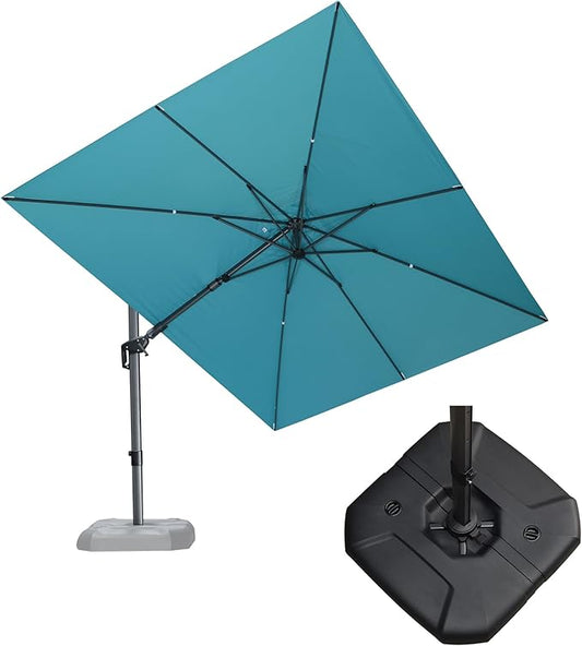 PURPLE LEAF 9' X 12' Right-left Tilt Patio Umbrella with Base Outdoor Cantilever Swivel Rectangle Umbrella Aluminum Offset Umbrella with 360-degree Rotation for Garden Deck Pool Patio Turquoise Blue