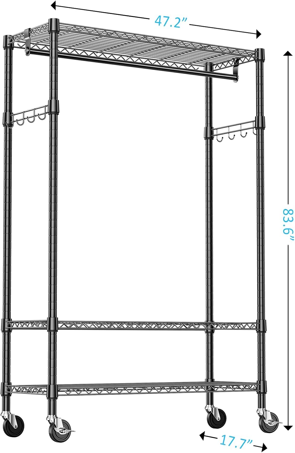 IZEUK Heavy Duty Rolling Garment Rack with 3 Adjustable Wire Shelves, 2 Hanging Rods & Side Hooks - Extra Large Mobile Clothes Rack with Wheels, 47.2" W x 17.7" D x 83.6" H, Black