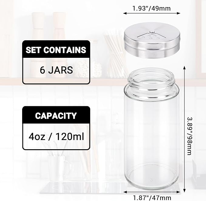 Segarty Spice Jars with Shaker Lids, 6 Pack 4 oz Glass Spice Bottles with Stainless Steel Lid, Glass Empty Seasoning Containers with Adjustable Pour Holes Spice Powder Storage Bottle Pepper Shakers