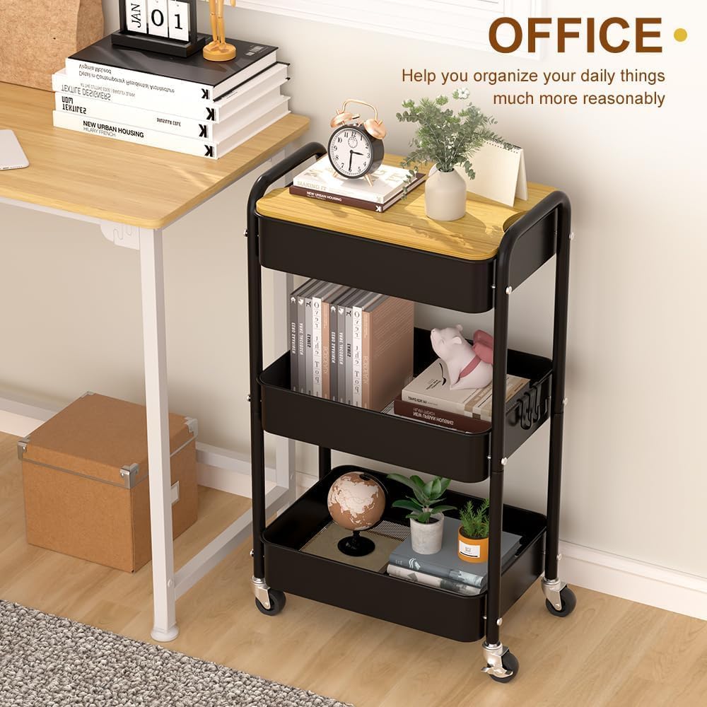 3 Tier Metal Utility Cart, Rolling Storage Cart with Wooden Tabletop, Metal Organizer Cart with Lockable Wheels for Office, Bedroom, Kitchen and Living Room (Black)