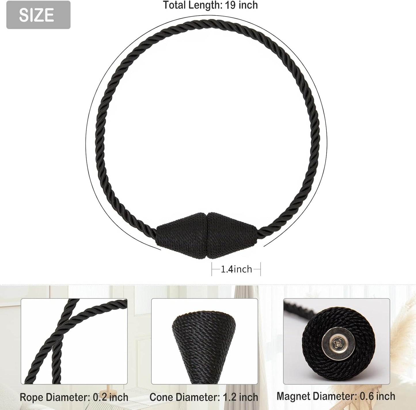 Magnetic Curtain Tiebacks 2 Pack Outdoor Rope Curtain Tie Backs Decorative Window Treatment Holdbacks for Home Decorative Curtain, Black