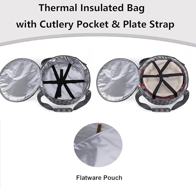 Round Portable Insulated Thermal Dish Carrier Bag for Pie and Cake Transport to Keep Food Hot/Cold/Fresh for Lunch, Potlucks Parties Gathering,Cookouts,Church Dinner,Outdoor Events-Sliver Grey