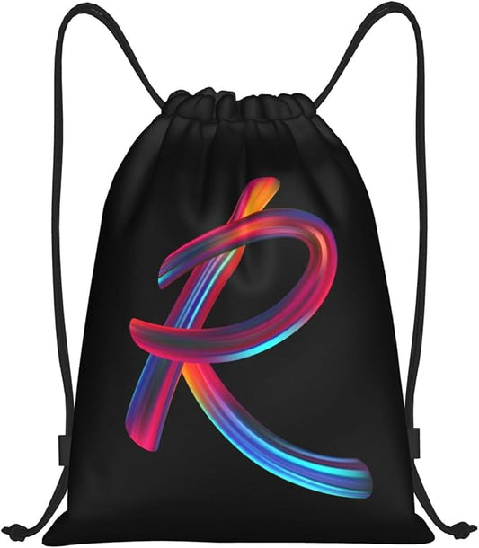 Drawstring Bags Initial Drawstring Backpack Sackpack Black Draw String Cinch Bags for Sports, Gym, Travel, Swimming, Beach, Camping, Rainbow Letter R