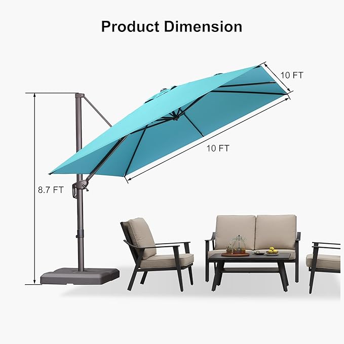 PURPLE LEAF 10 Feet Patio Cantilever Umbrella Square Outdoor Umbrella with 360° Rotation and Aluminum Offset Hanging for Garden Backyard Pool, Turquoise