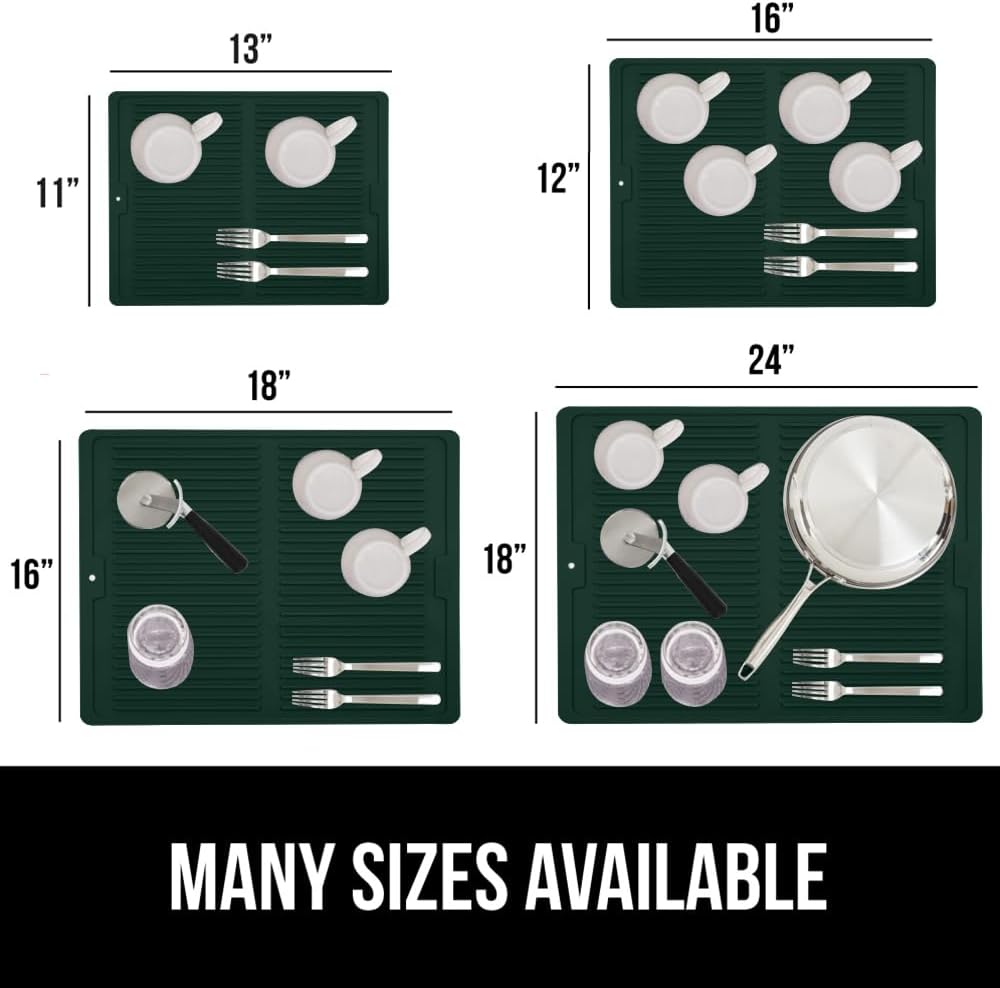 GORILLA GRIP 100% BPA-Free Silicone Dish Drying Mat for Kitchen Counter, Quick Dry, Water Catching Ribbed Design, Easy Clean Waterproof Sink Liner, Heat Resistant, Fits Under Rack, 13x11, Hunter Green