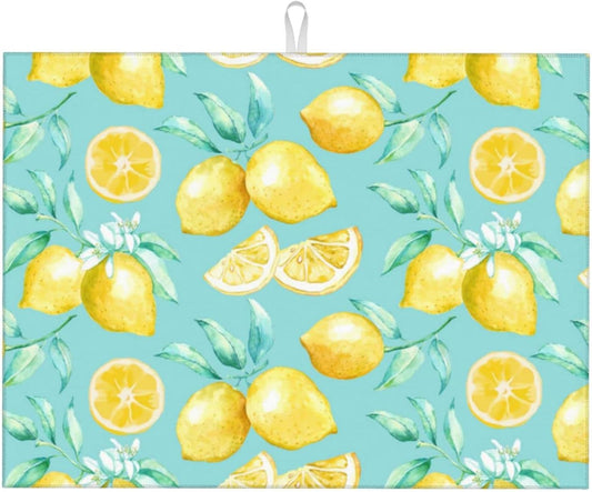 Spring Yellow Lemon Teal Background Microfiber Dish Drying Mat For Kitchen Countertop Xl Absorbent Reversible Drainer Rack Pad Extra Large 18 X 24 Inch