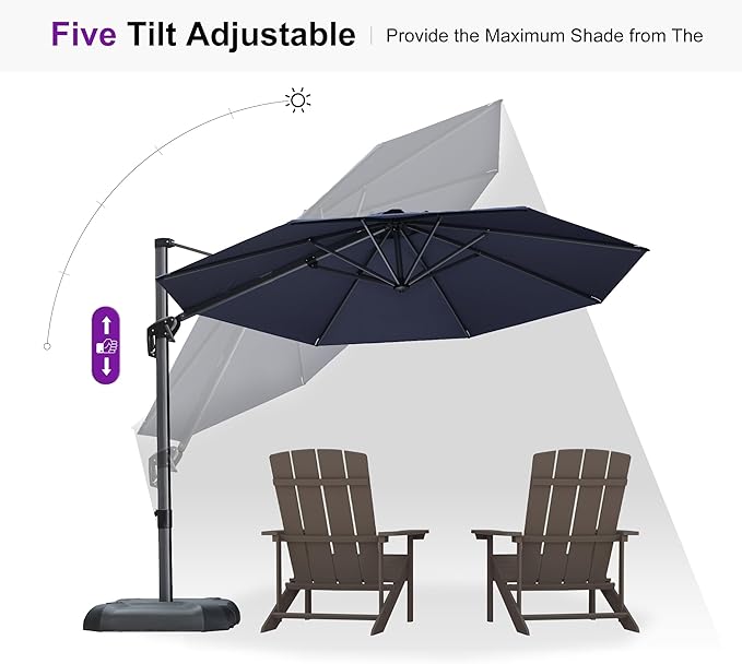 PURPLE LEAF 10 Feet Patio Umbrella With Base Outdoor Cantilever Round Aluminum Offset With 360-Degree Rotation for Deck Garden Pool Navy Blue