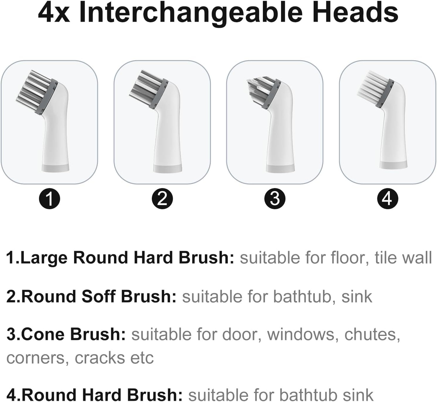 Electric Cleaning Brush with 4 in 1 Multiple Brush Heads, Indoor Household Cordless Motorized Brush for Bathroom Toilet Kitchen Tile Crevice(Grey)