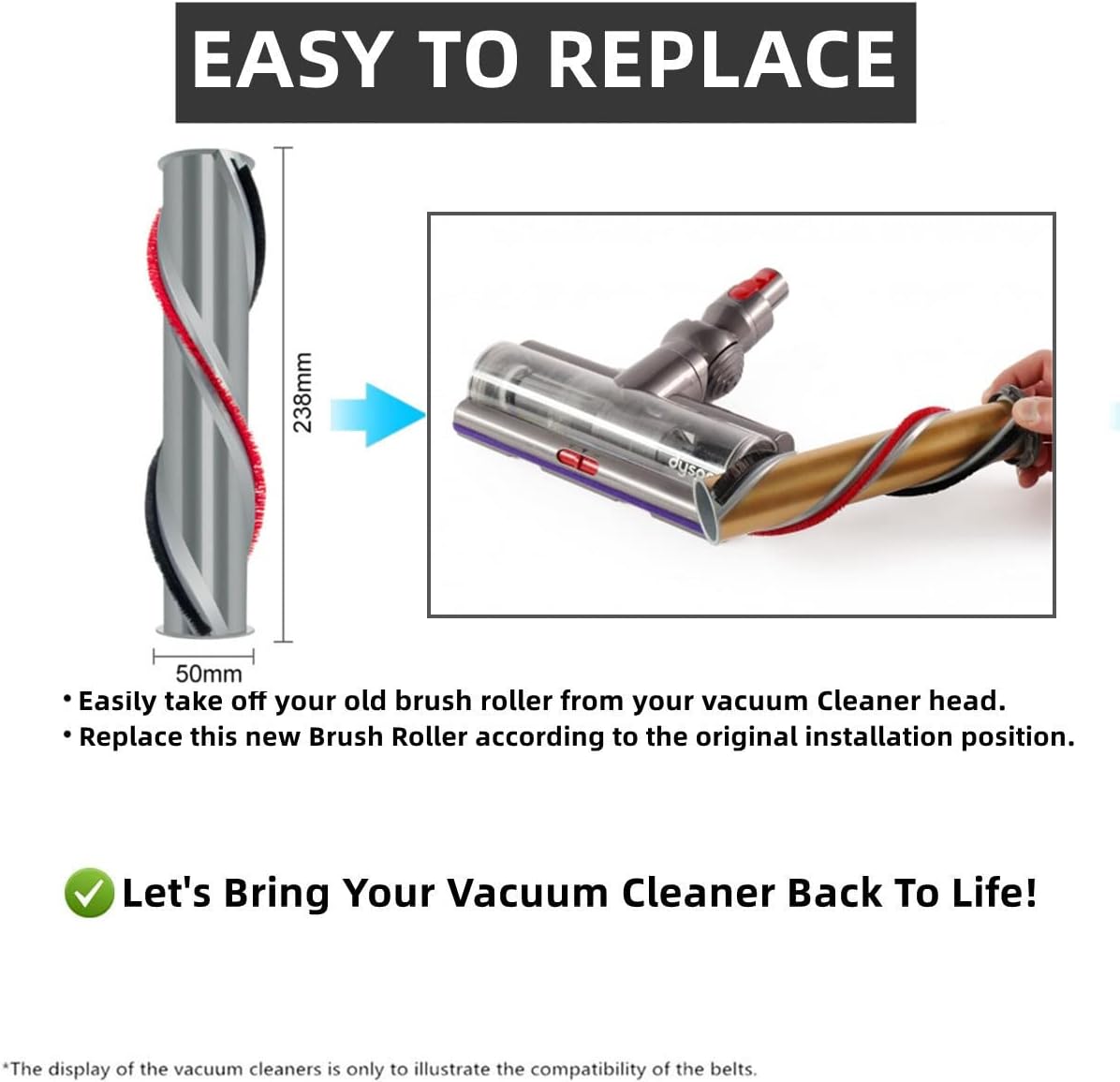 Brush Roller for Dyson V11 Vacuum Cleaner 970100-03 and 970100-05 Replacement Bar Assembly, Replace Part 970135-01, 970135-02 (3 Prong Drive & with Screw)