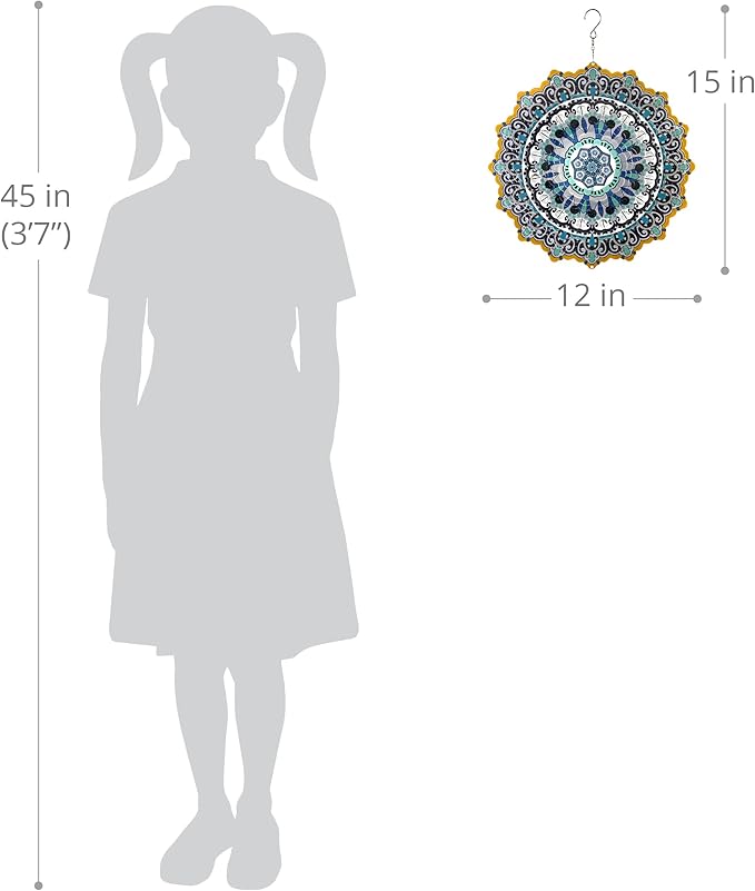 Exhart Wind Spinner, Blue and Black Mandala Hanging Wind Sculpture, 3D Laser Cut Patterns with Bead Details, Metal Outdoor Garden Decoration, Multicolor Lawn and Yard Art, 12 Inch