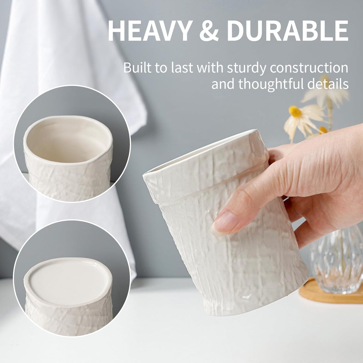 Toothbrush Holder, Tooth Brush Holder for Bathroom - Ceramic Toothbrush Cup Beige Toothbrush Holders Countertop, Makeup Brush Holder Pen Holder, 3.54" x 3.54" x 4.33", ANTIS'S HOME