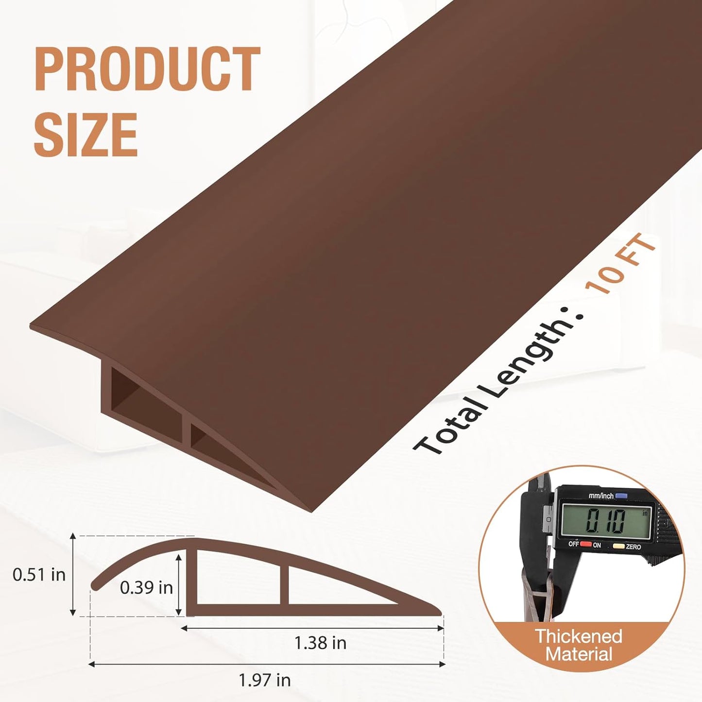 Floor Transition Strip Self Adhesive Vinyl Door Threshold for Doorways Carpet Edging Trim Overlap Edge Reducer for Laminate Floor, Carpet, Tile (Brown, 1/5" to 2/5", 10Ft)