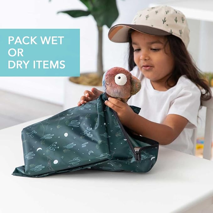 Bumkins Waterproof Wet Bag for Baby, Travel, Swim Suit, Cloth Diapers, Pump Parts, Pool, Beach, Gym Clothes, Toiletry, Hook to Stroller, Daycare, Zipper Reusable Wetdry Packing, Starry Cactus Dk Green