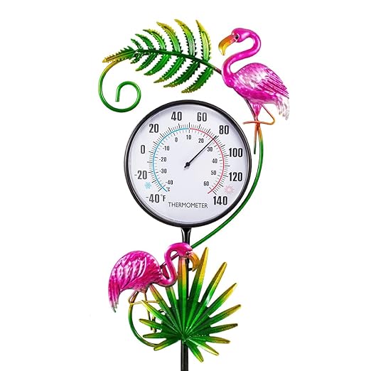 Outdoor Thermometer, No Battery Needed Outside Thermometer with Garden Stake, Flamingo Wall Thermometer for Yard Patio Decor