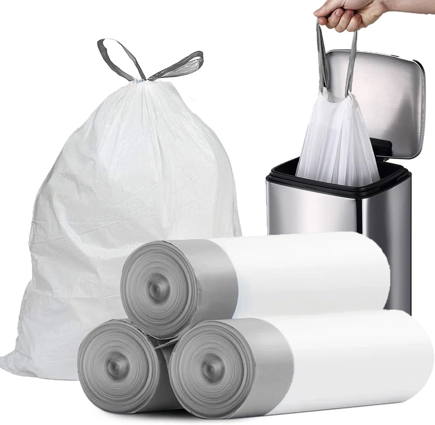 Small Trash Bags 4 Gallon - 57 Count Drawstring 4 Gallon Trash Bag, Pre-separated Small Garbage Bags Bathroom Trash Bags, Unscented White 4 Gal Trash Can Liners
