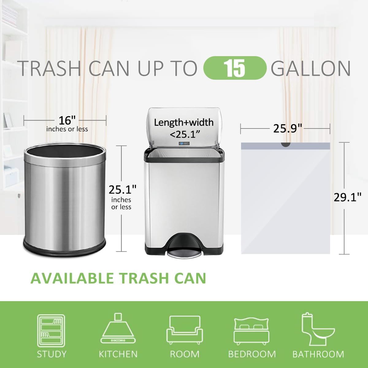 15 Gallon 120 Counts Strong Tall Kitchen Drawstring Trash Bags by Teivio, Medium Plastic Garbage Bags for Home Kitchen Office Garden Tall Trash Can, Waste Bin Liners White