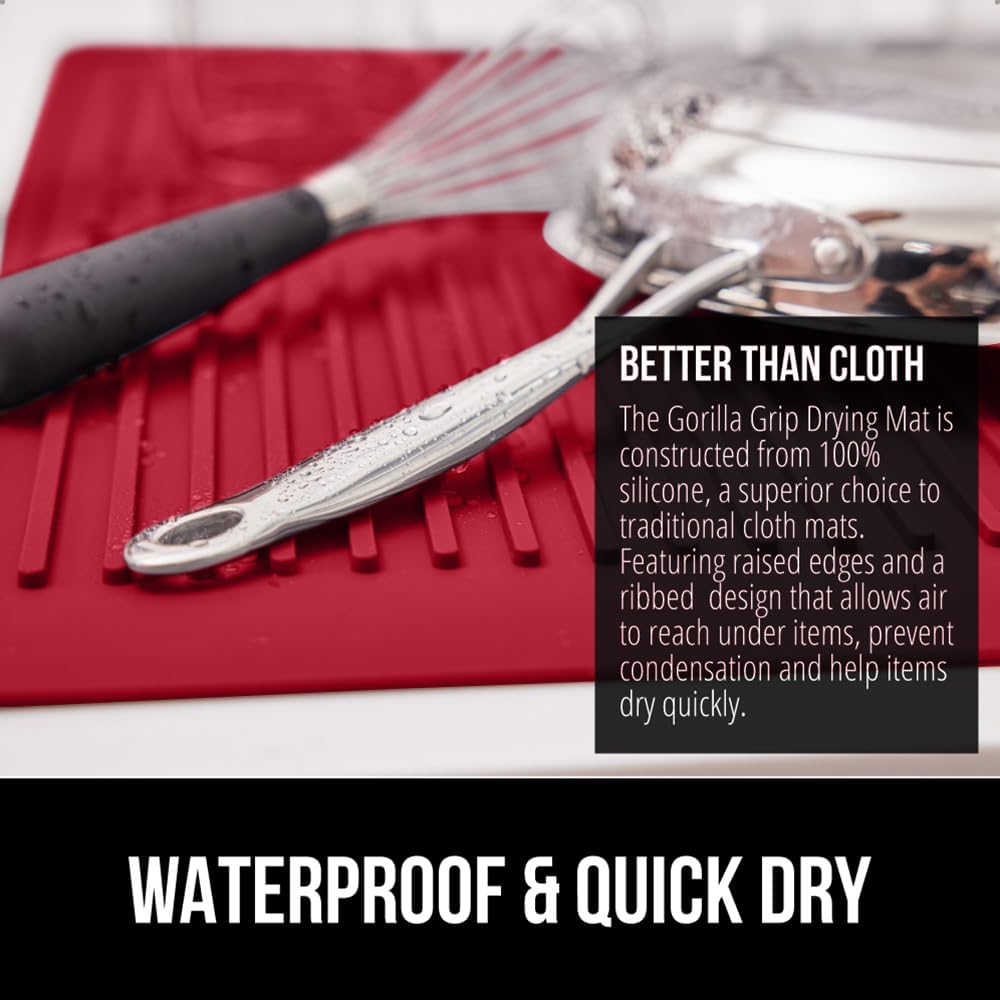 GORILLA GRIP 100% BPA-Free Patented Silicone Dish Drying Mat for Kitchen Counter, Water Catching Ribbed Design, Easy Clean Waterproof Sink Liner, Heat Resistant, Fits Under Rack, 16x12 Inch, Red