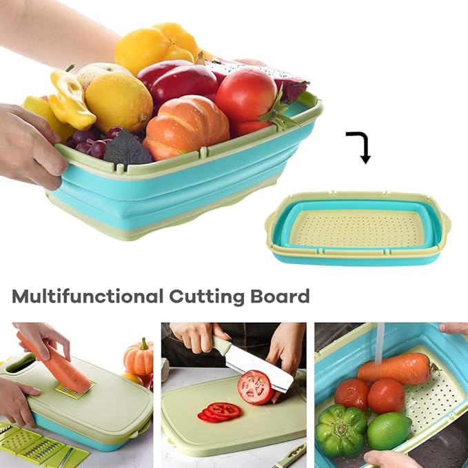 Camping Cutting Board, HI NINGER Collapsible Chopping Board with Colander, 9-In-1 Multi Chopping Board Kitchen Vegetable Washing Basket for Camping,Camping Gifts Camping Accessories for RV Campers