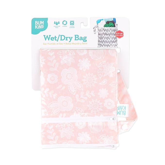 Bumkins Waterproof Wet Dry Bag for Baby, Travel, Swim Suit, Cloth Diapers, Pump Parts, Pool, Beach, Gym Clothes, Toiletry, Hook to Stroller, Daycare, Zipper Reusable Wetdry Packing Pouch, Floral Gray