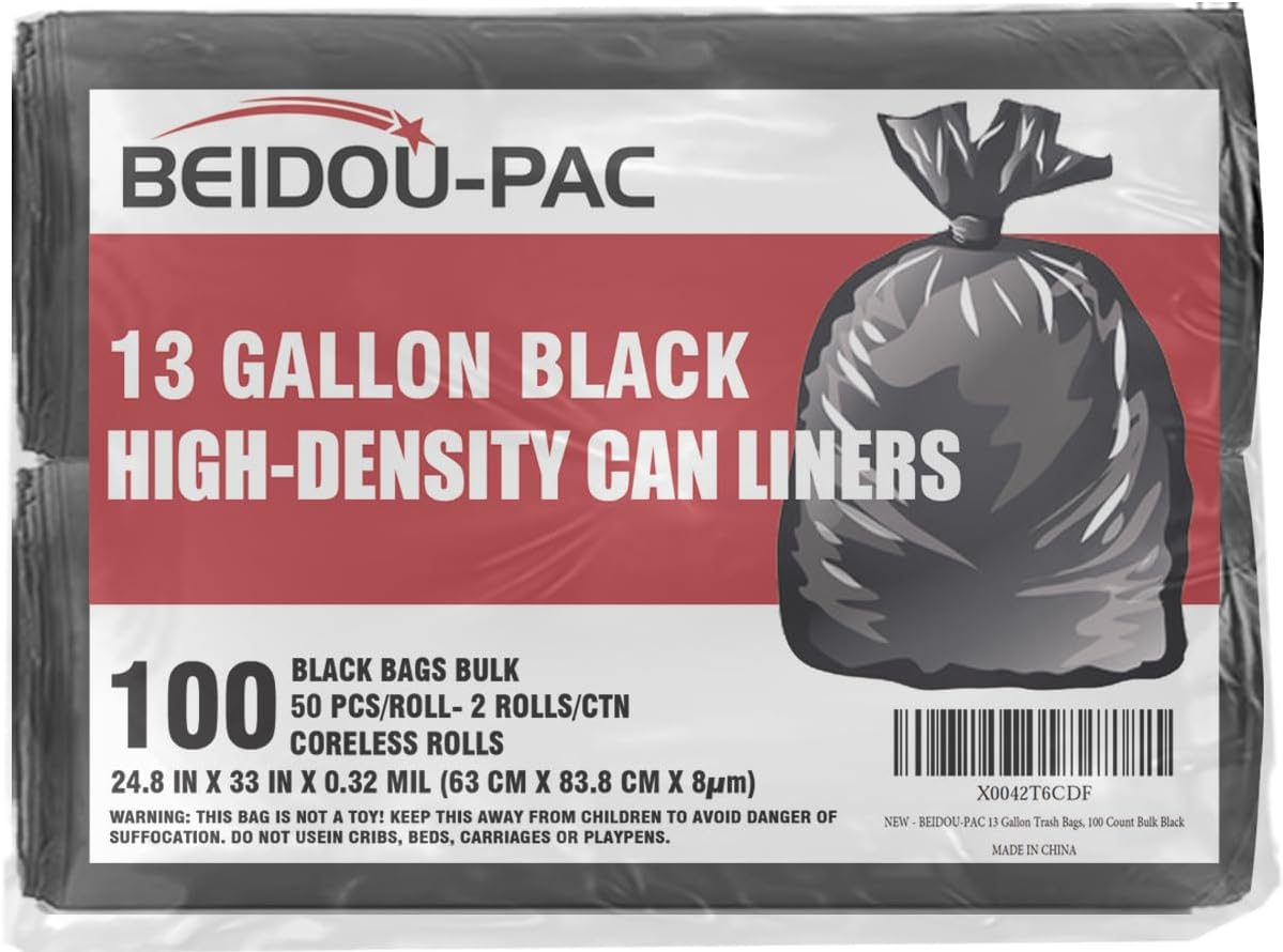 13 Gallon Trash Bags, 100 Count Black Tall Kitchen Garbage bags, Multi-purpose Trash Can Bin Liners for Bathroom, Office, Industrial, Commercial, Janitorial, Municipal, Recycling