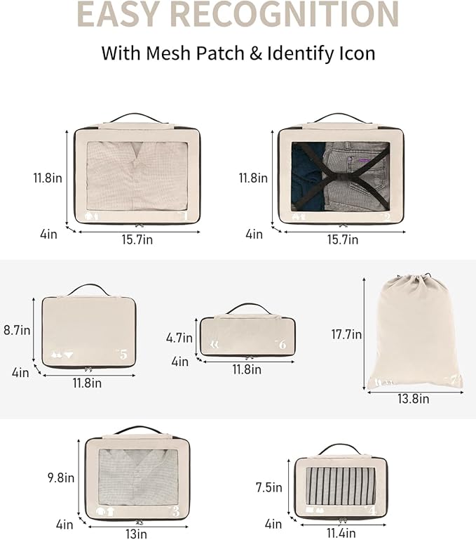 ECOHUB 7 Set Packing Cubes Tear-Resistant Luggage Packing Organizers with Number Icon for Travel Accessories Luggage Suitcase Machine Washable Packing Cubes (Beige)