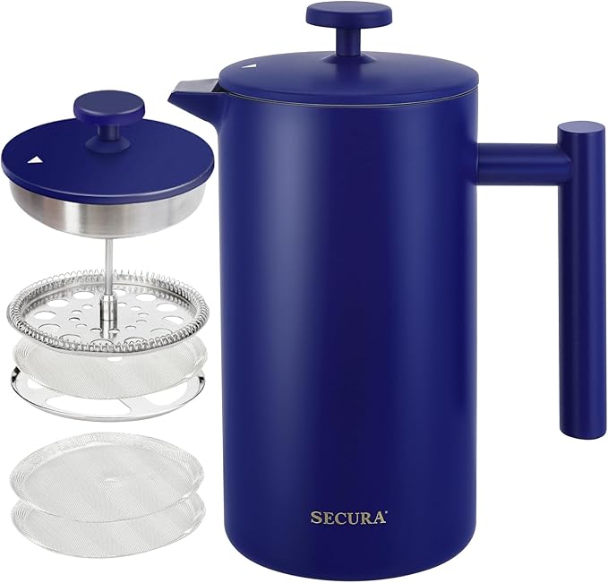 Secura French Press Coffee Maker, Double-Wall 304 Grade Stainless Steel Coffee Press with 2 Extra Screens, 34oz (1L), Blue