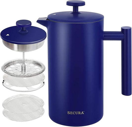 Secura French Press Coffee Maker, Double-Wall 304 Grade Stainless Steel Coffee Press with 2 Extra Screens, 34oz (1L), Blue