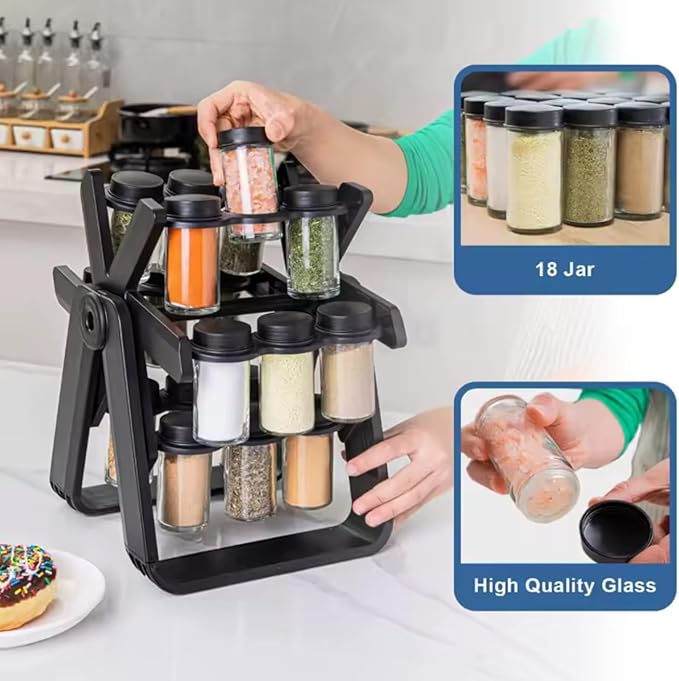 Rotating spice rack set designed to organize and store various spices. This spice rack appears to have a rotating carousel design, allowing easy access to different spices.