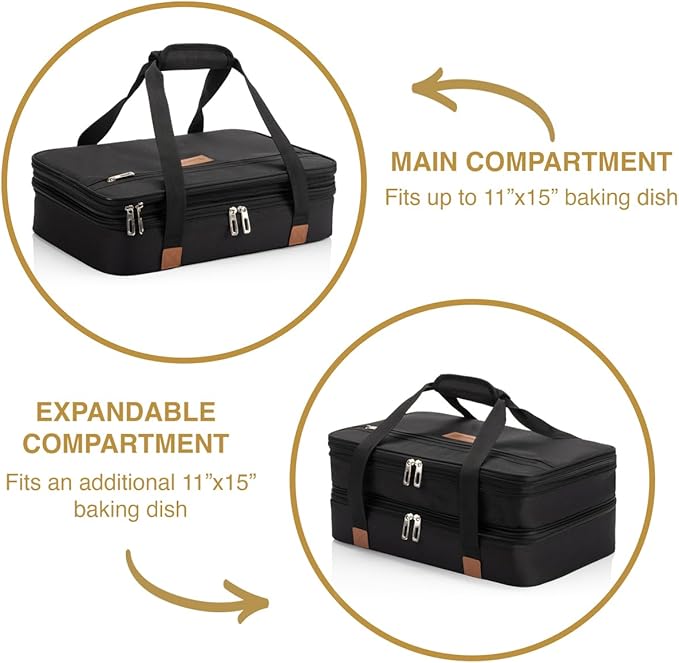 Stack Store Plus More Insulated Casserole Carrier for Hot or Cold Food, Lasagna Holder for Picnic, Potluck, Cookout - Fits 9” x 13” and 11” x 15” Baking Dish – Expandable Double Thermal Bag in Black