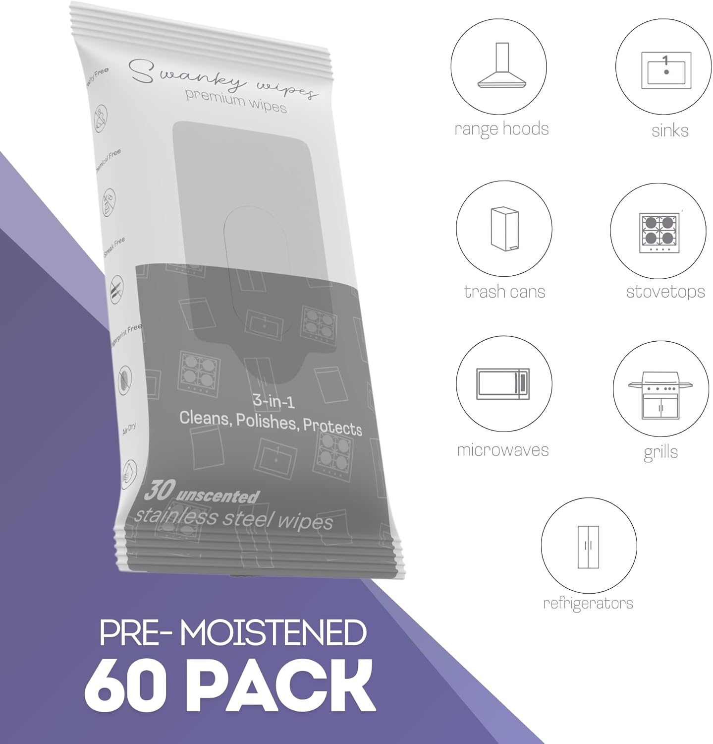 Swanky Stainless Steel Cleaner Wipes - Grime & Grease Remover Kitchen Cleaning Supplies - Clean & Shine, For Stove Top, Refrigerator, Sink, Oven, & Household Appliances - Soft Wipes, 60 Count