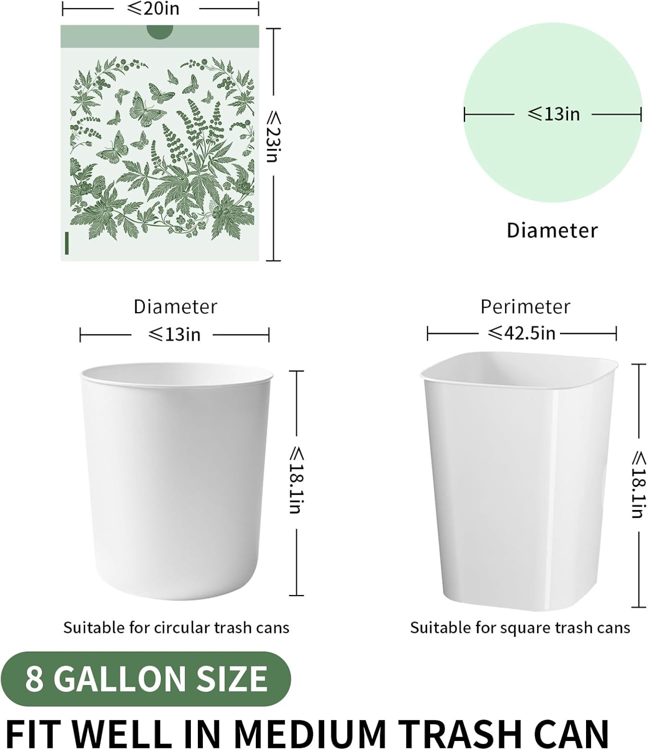 VOK 8 Gallon Trash Bags with Butterfly Printed & Sweet Wormwood Scent, Drawstring Medium Garbage Bags, Tear-Resistant & Fragrant Trash Can Liners, Trash Bags 8 Gallon for Home/Office, 125 Counts