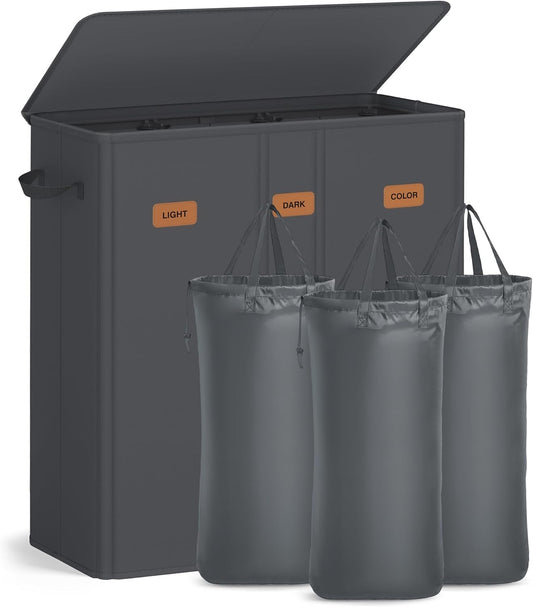 SONGMICS 42.2 Gallon (160 L) Laundry Hamper, 3-Compartment Laundry Basket Sorter with Lid, Labels, Removable Liner Bags, for Bedroom, Dark Gray URLH013G01