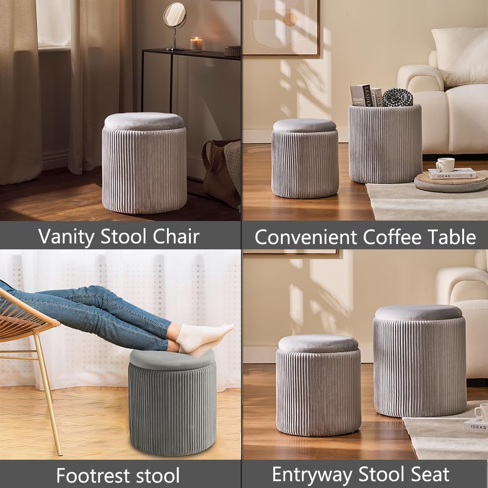 Round Set of 2 Ottoman with Storage-Upholstered Velvet Vanity Stool for Makeup Multifunctional Ottomans Coffee Table Padded Seat Foot Rest for Living Room&Bedroom (Ligth Grey)