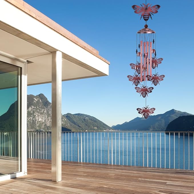 Outdoor Bee Wind Chimes Gifts for Mom - with 4 Tubes 6 Bells 7 Bees Wind Bells, Mobile Wind Catcher, Romantic Bee Decor, Bee Bells, Bees Windchimes for Home, Balcony, Tree, Festival, Garden Decoration
