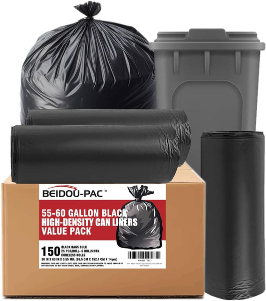 55-60 Gallon Trash Bags, 150 Count Bulk, Black Heavy Duty Garbage bags, Multi-purpose Trash Can Bin Liners for Business Home Commercial, Industrial Contractors, Storage, Outdoor