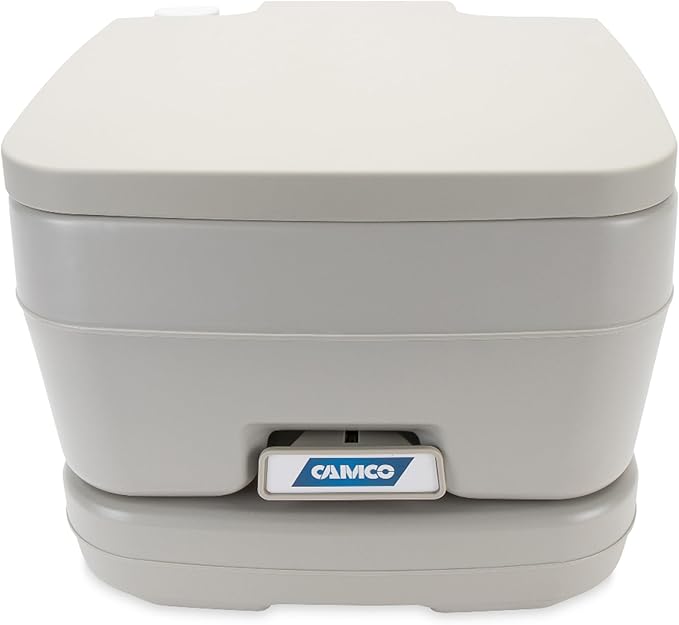 Camco 2.6-Gallon Portable Toilet - Features Detachable Holding Tank w/Sealing Slide Valve & Bellow-Type Flush - Easy Transport w/Compact Lightweight Design & Carry Handle - Gray (41531)