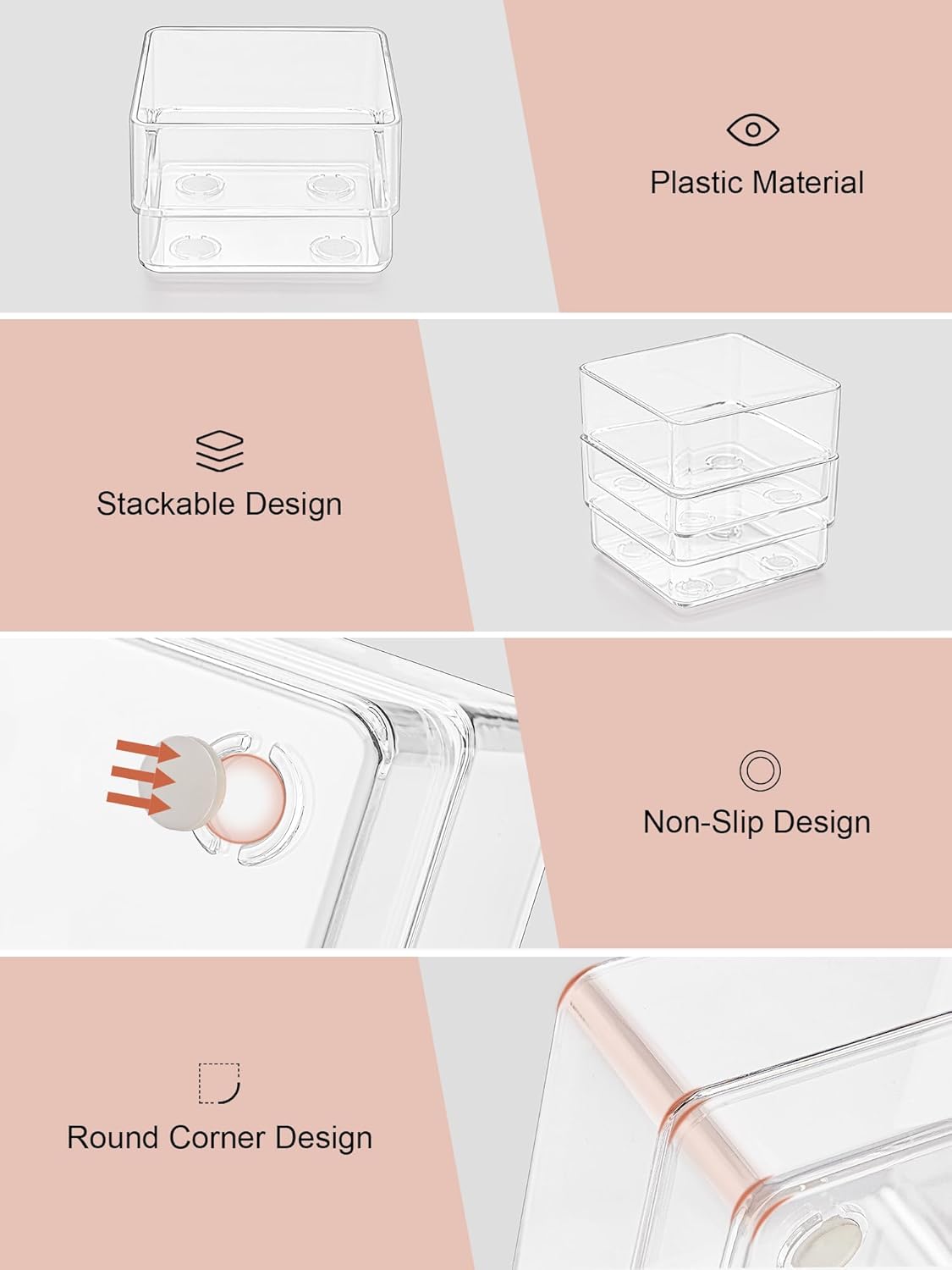 SMARTAKE 37-Piece Drawer Organizer with Non-Slip Silicone Pads, 4-Size Desk Drawer Organizer Trays Storage Tray for Makeup, Jewelries, Utensils in Bedroom Dresser, Office and Kitchen (Clear)