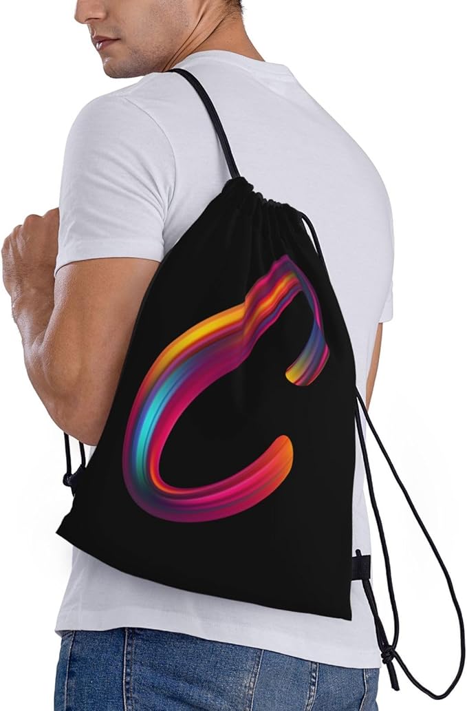Drawstring Bags Initial Drawstring Backpack Sackpack Black Draw String Cinch Bags for Sports, Gym, Travel, Swimming, Beach, Camping, Rainbow Letter C