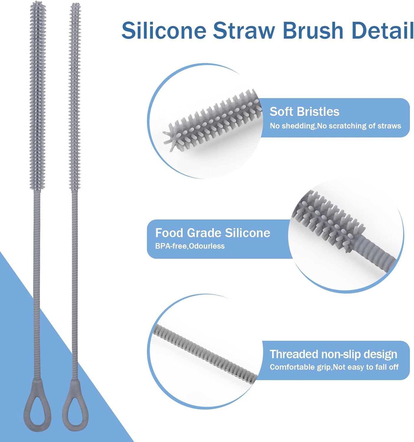 2Pcs Silicone Straw Cleaner Brush, 9.84in Reusable Straw Cleaner with Bendable Steel Core, Extra Long Soft Bottle Brush for Clearing Glass Straws, Smoothie Straws, 9mm&6mm (Gray)