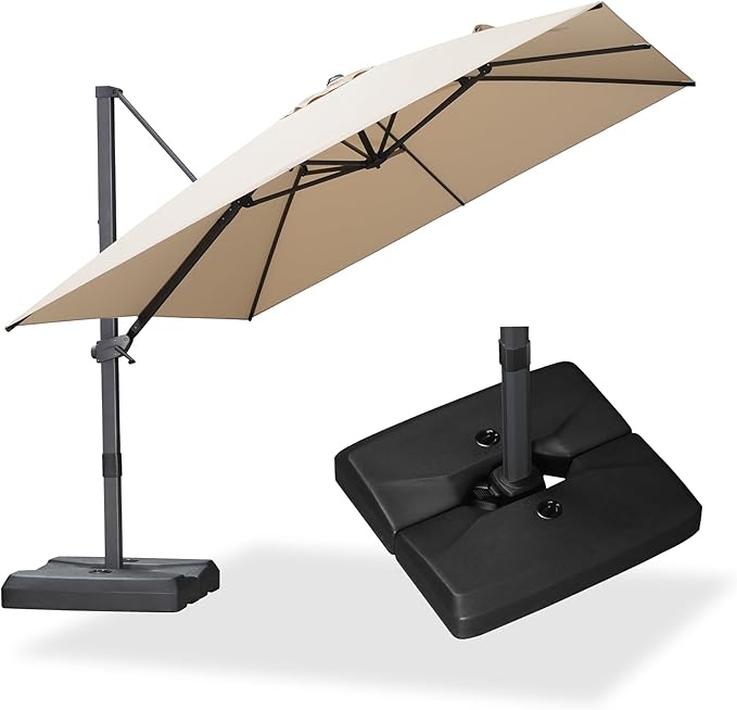 PURPLE LEAF 10' × 10' Patio Cantilever Umbrella with Base Outdoor Square Adjustable Offset Umbrellas with 360-degree Rotation and 8 Heavy Duty Metal Ribs for Garden Deck Pool Beige