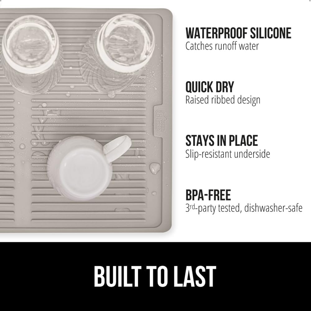 GORILLA GRIP 100% BPA-Free Patented Silicone Dish Drying Mat for Kitchen Counter, 18x24 Inch, Water Catching Ribbed Design, Easy Clean Waterproof Sink Liner, Heat Resistant, Fits Under Rack, Almond